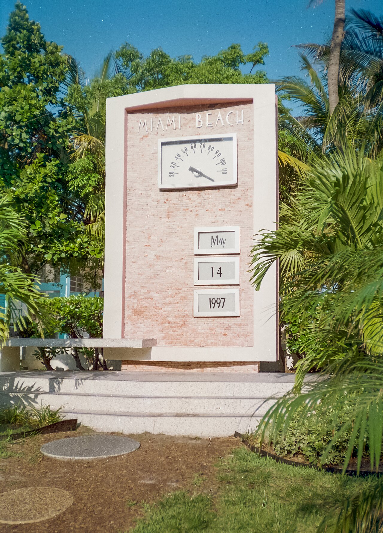 A woman applying a thin layer of SPF to her face, with a background of blurred palm trees and the bright Miami sky.